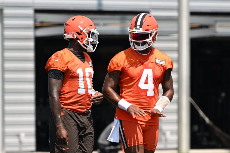 Aug 4, 2024; Cleveland Browns quarterback Deshaun Watson (4) with quarterback Tyler Huntley (10) during practice at the Browns training facility in Berea, Ohio. Mandatory Credit: Bob Donnan-USA TODAY Sports