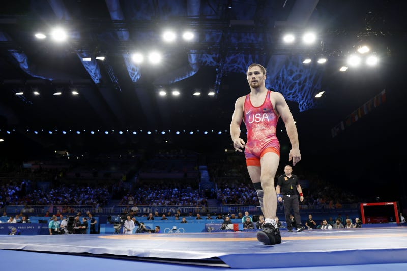 Spencer Richard Lee (USA) reacts after defeating Wanhao Zou (CHN) in a menís freestyle 57kg 1/8 final match during the Paris 2024 Olympic Summer Games