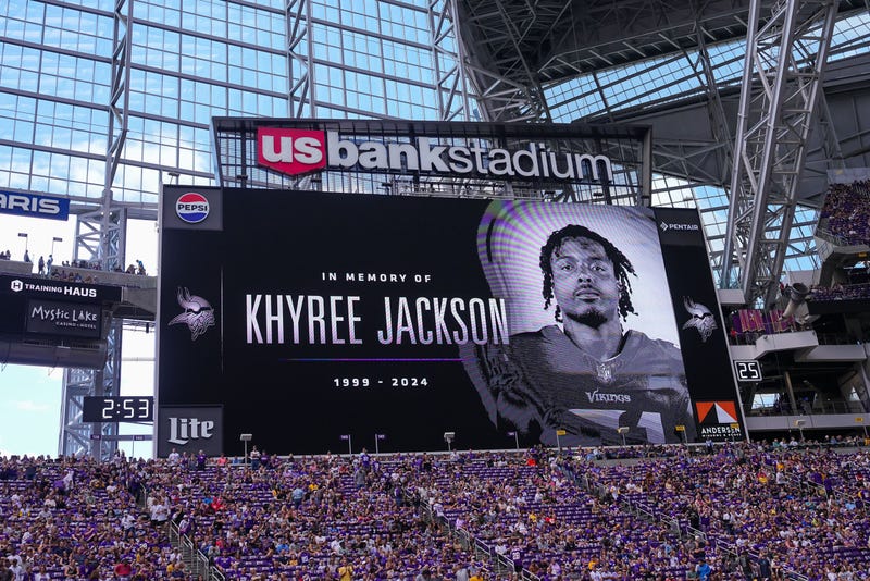 Aug 10, 2024; Minneapolis, Minnesota, USA; Minnesota Vikings have a moment of silence for Khyree Jackson before the game against the Las Vegas Raiders at U.S. Bank Stadium.