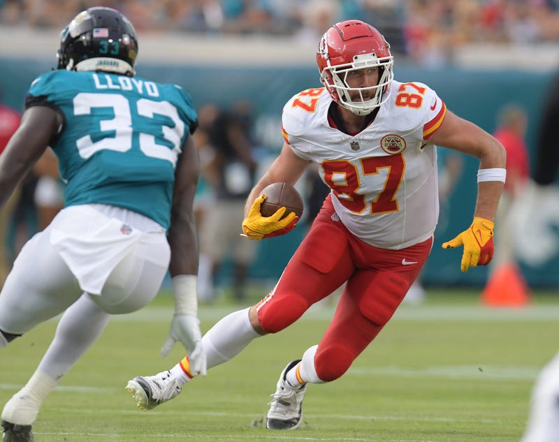 Kansas City Chiefs tight end Travis Kelce (87) looks for running room during first quarter action. The Jaguars led 20 to 10 at the end of the first half. The Jacksonville Jaguars hosted the Kansas City Chiefs in the Jaguars first preseason game of the season Saturday, August10, 2024 at EverBank Stadium in Jacksonville, Fla.