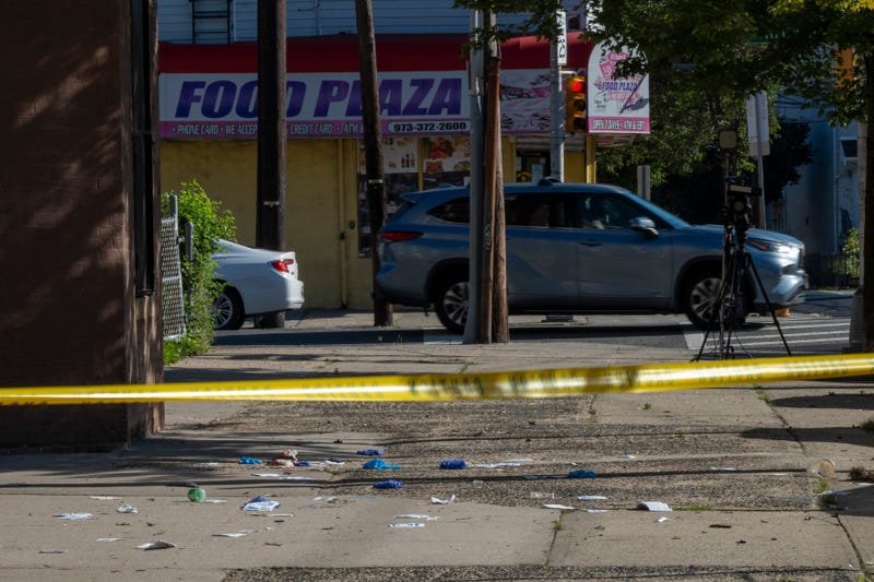 Medical equipment remains on the sidewalk on the morning after a police shooting after a stolen car chase outside of Hawthorne Ave Elementary School in Newark on Tuesday, August 13, 2024