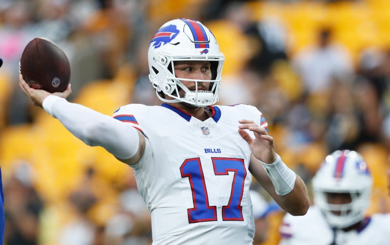 Buffalo Bills quarterback Josh Allen (17) warms up on the field before a game against the Pittsburgh Steelers at Acrisure Stadium.