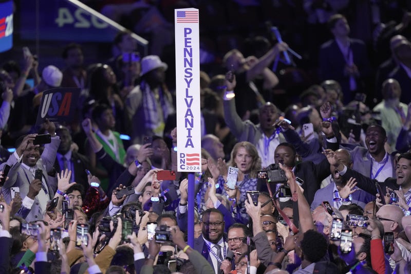 Signage for the Pennsylvania delegation is seen on the floor on the 2024 Democratic National Convention.