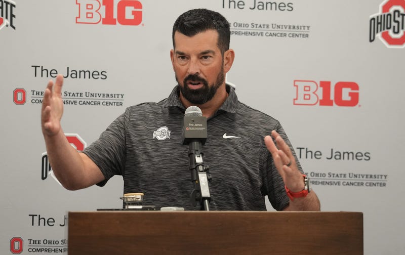 Ohio State football coach Ryan Day speaks with the media August 27, 2024 in the team meeting room.