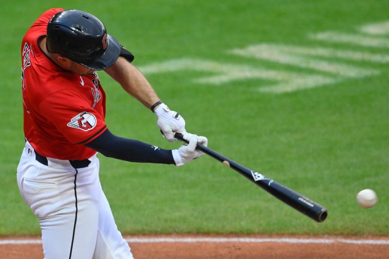 Aug 27, 2024; Cleveland, Ohio, USA; Cleveland Guardians catcher David Fry (6) singles in the second inning against the Kansas City Royals at Progressive Field.