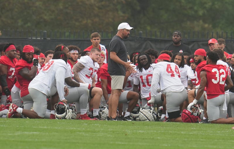 Ohio State Buckeyes head coach Ryan Day talks with the team during Fall Camp practice at the Woody Hayes Athletic Center.