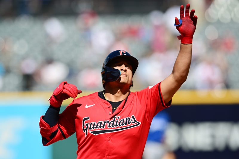 Aug 28, 2024; Cleveland, Ohio, USA; Cleveland Guardians catcher Bo Naylor (23) rounds the bases after hitting a home run during the seventh inning against the Kansas City Royals at Progressive Field.