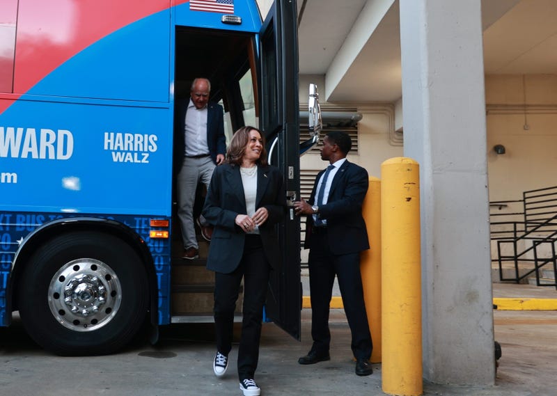 Democratic Presidential nominee Vice President Kamala Harris and running-mate Tim Walz arrives at the Westin Savannah Harbor following a campaign bus tour through southeast Georgia.