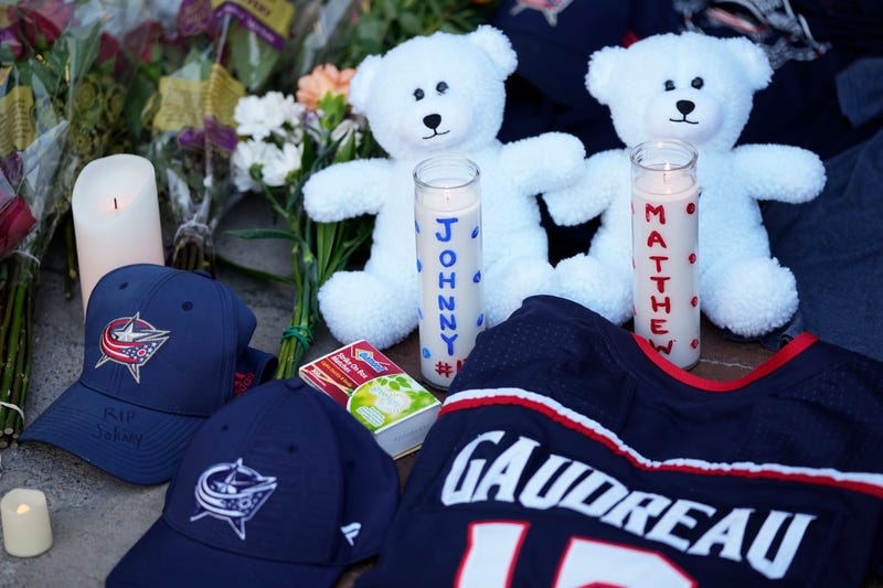 A makeshift memorial grows outside Nationwide Arena for Columbus Blue Jackets forward Johnny and Matthew Gaudreau.