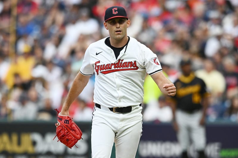 Aug 31, 2024; Cleveland, Ohio, USA; Cleveland Guardians starting pitcher Matthew Boyd (16) reacts after striking out Pittsburgh Pirates catcher Henry Davis (not pictured) during the fifth inning at Progressive Field.
