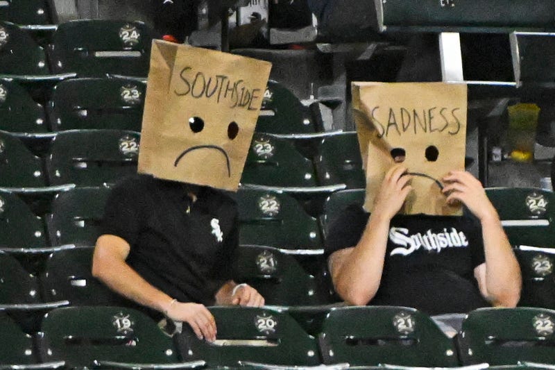 Chicago White Sox fans show their feeling during the ninth inning against the New York Mets on Saturday, Aug. 31, 2024. On Sunday, the Mets completed their sweep of the White Sox, which meant Chicago lost a franchise-worst 107th game.
