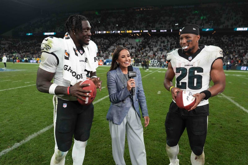 Philadelphia Eagles wide receiver A.J. Brown (11) and running back Saquon Barkley (26) after the 2024 NFL Sao Paolo Game at Neo Quimica Arena.