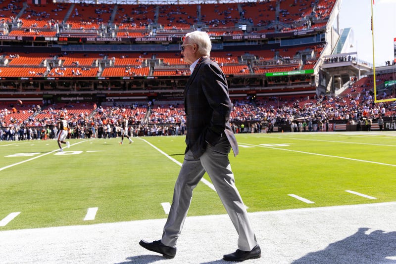 Sep 8, 2024; Cleveland, Ohio, USA; Cleveland Browns managing and principal partner Jimmy Haslam walks on to the field before the game against the Dallas Cowboys at Huntington Bank Field.
