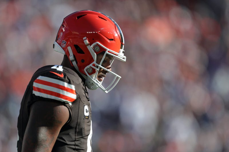 Cleveland Browns quarterback Deshaun Watson (4) hangs his head as he walks off the field during the first half of an NFL football game at Huntington Bank Field, Sunday, Sept. 8, 2024, in Cleveland, Ohio.