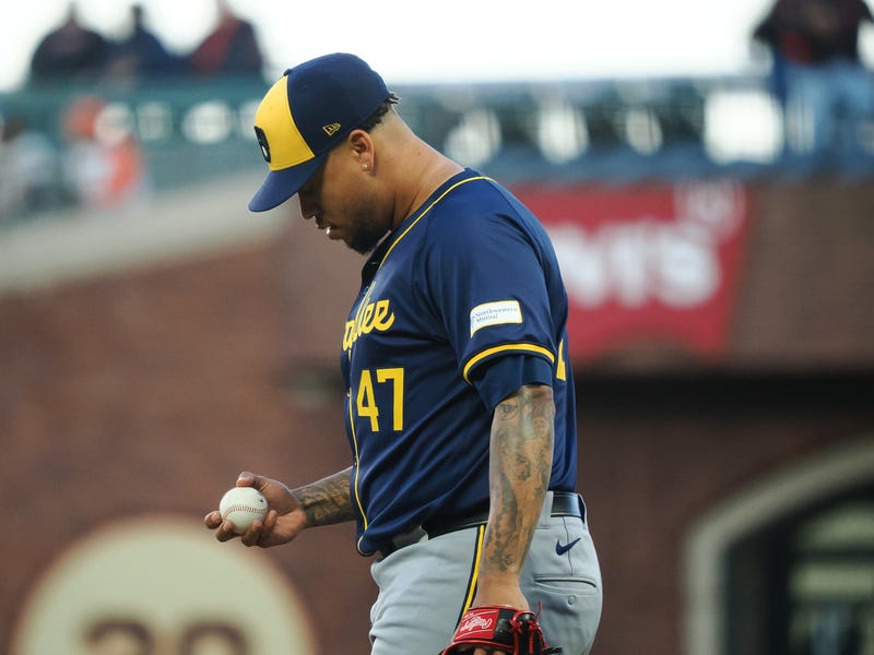 Sep 12, 2024; San Francisco, California, USA; Milwaukee Brewers starting pitcher Frankie Montas (47) between pitches against the San Francisco Giants during the first inning at Oracle Park. Mandatory Credit: Kelley L Cox-Imagn Images
