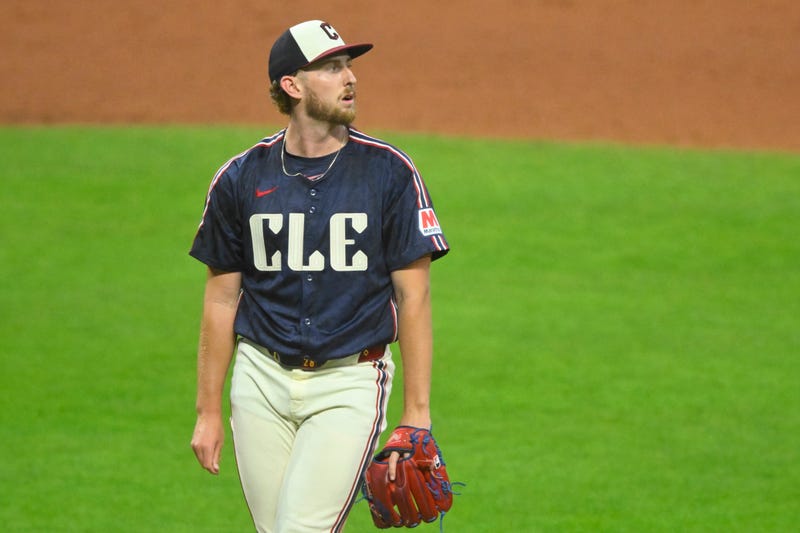 Cleveland Guardians starting pitcher Tanner Bibee (28) watches the ball on a home run by Tampa Bay Rays catcher Logan Driscoll (not pictured) in the second inning at Progressive Field.