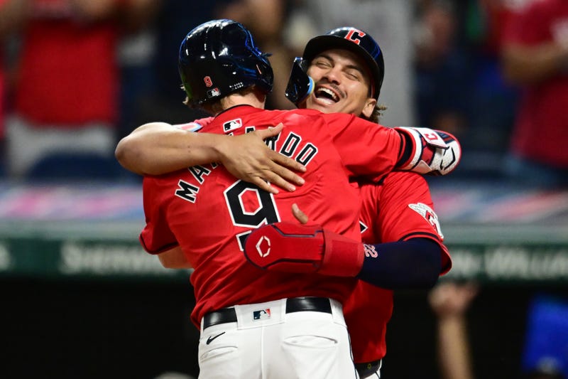 Cleveland Guardians designated hitter Kyle Manzardo (9) celebrates with first baseman Josh Naylor (22) after hitting a two-run home run during the eighth inning against the Minnesota Twins at Progressive Field