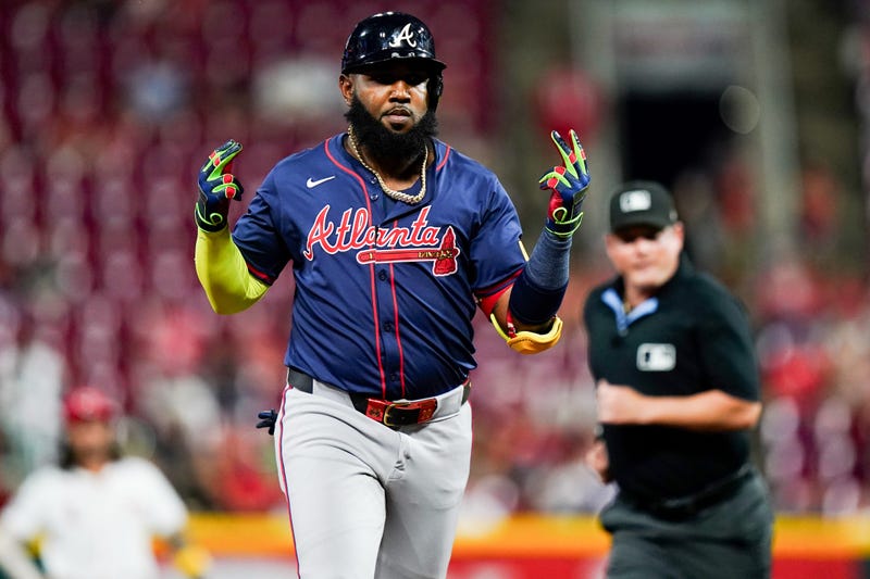 Atlanta Braves designated hitter Marcell Ozuna (20) gestures while running to third base after hitting a home run in the eighth inning of a MLB game between the Cincinnati Reds and Atlanta Braves, Wednesday, Sept. 18, 2024, at Great American Ball Park in downtown Cincinnati. Braves won 7-1.