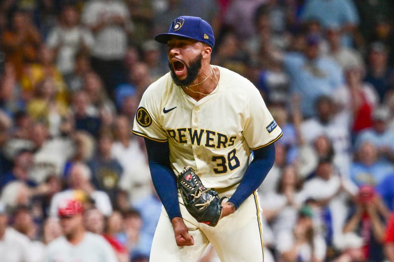 Sep 22, 2024; Milwaukee, Wisconsin, USA; Milwaukee Brewers pitcher Devin Williams (38) reacts after picking up a save in the ninth inning against the Arizona Diamondbacks at American Family Field. Mandatory Credit: Benny Sieu-Imagn Images