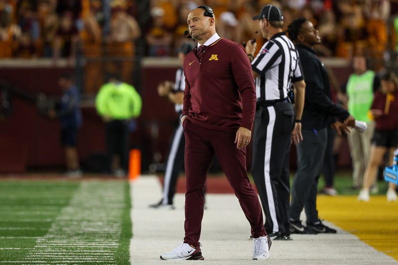 Minnesota Golden Gophers head coach P.J. Fleck looks on during the second half against the Iowa Hawkeyes at Huntington Bank Stadium.