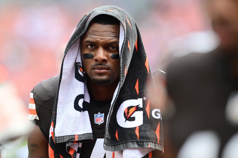 Sep 22, 2024; Cleveland, Ohio, USA; Cleveland Browns quarterback Deshaun Watson (4) walks off the field before the game between the Browns and the New York Giants at Huntington Bank Field. 