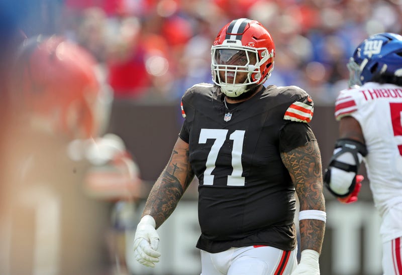 Cleveland Browns offensive tackle Jedrick Wills Jr. (71) heads back to the huddle after a play during the first half of an NFL football game against the New York Giants at Huntington Bank Field, Sunday, Sept. 22, 2024, in Cleveland, Ohio.