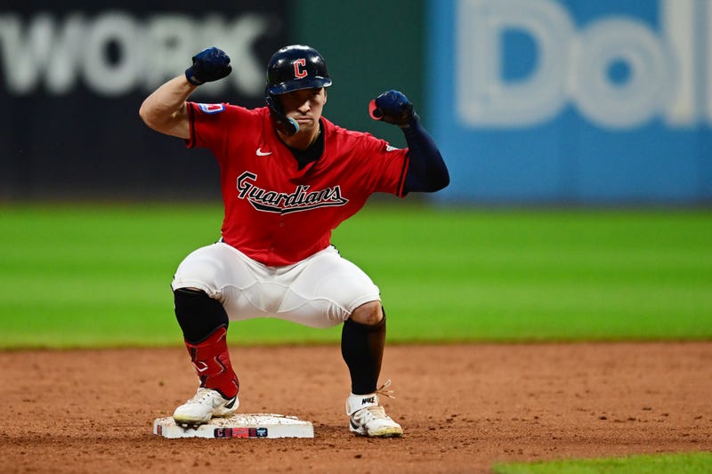 Cleveland Guardians right fielder Will Brennan celebrates after hitting a double during the third inning against the Houston Astros at Progressive Field