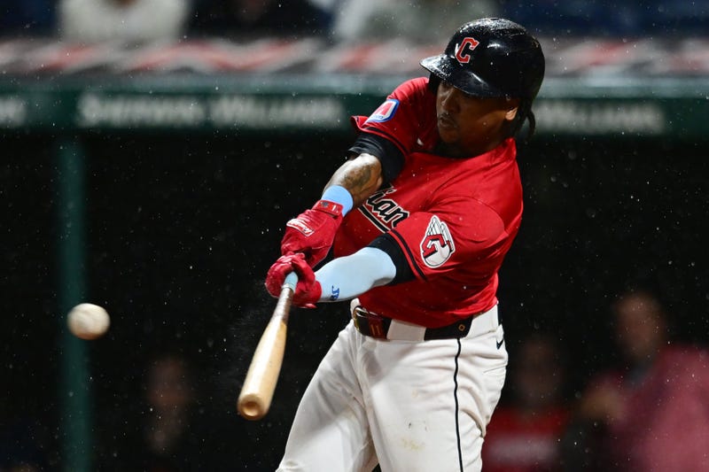 Cleveland Guardians third baseman Jose Ramirez (11) hits a double during the eighth inning against the Houston Astros at Progressive Field.