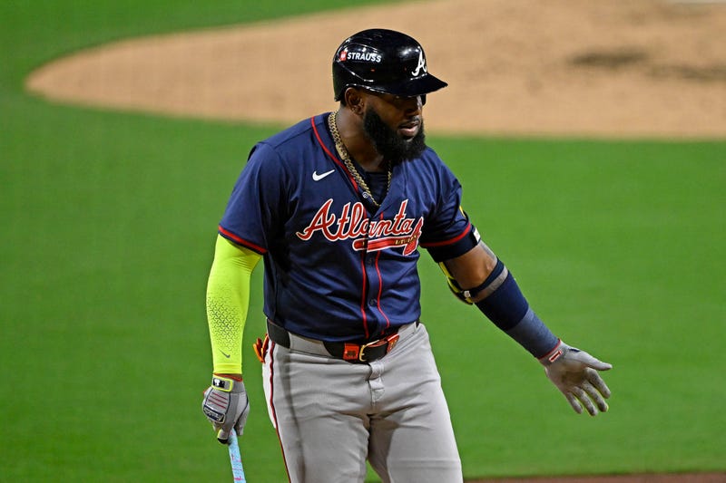 Atlanta Braves designated hitter Marcell Ozuna (20) reacts to a strike call against the San Diego Padres during the fifth inning in game one of the Wildcard round for the 2024 MLB Playoffs at Petco Park.