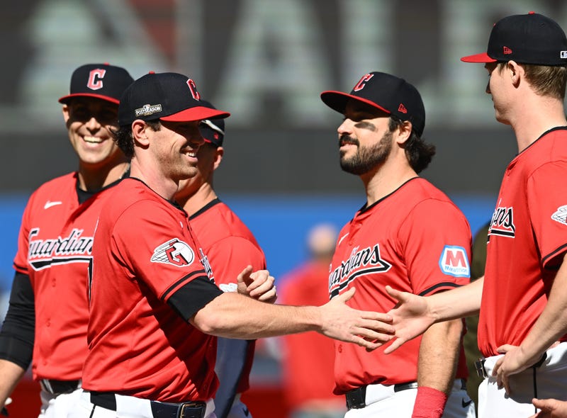 Oct 5, 2024; Cleveland, OH, USA; Cleveland Guardians pitcher Shane Bieber is introduced before game one of the ALDS for the 2024 MLB Playoffs against the Detroit Tigers at Progressive Field.