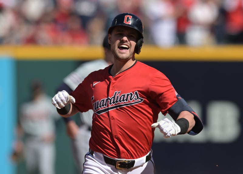 Cleveland Guardians outfielder Lane Thomas (8) reacts after hitting a three-run home run against the Detroit Tigers in the first inning in game one of the ALDS for the 2024 MLB Playoffs at Progressive Field.