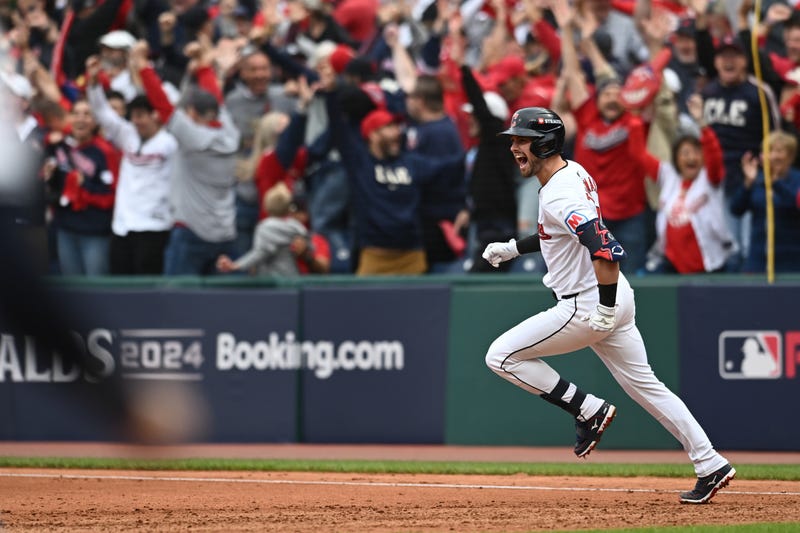 Oct 12, 2024; Cleveland, Ohio, USA; Cleveland Guardians outfielder Lane Thomas (8) runs the bases after hitting a grand slam in the fifth inning against the Detroit Tigers during game five of the ALDS for the 2024 MLB Playoffs at Progressive Field.