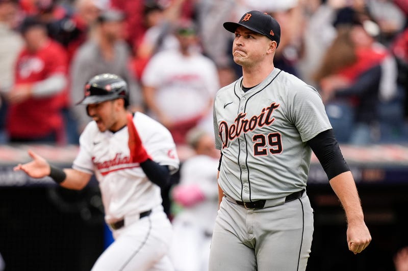 Detroit Tigers pitcher Tarik Skubal (29) reacts after Cleveland Guardians center fielder Lane Thomas bats a grand slam during the fifth inning at Game 5 of ALDS at Progressive Field in Cleveland, Ohio on Saturday, Oct. 12, 2024.