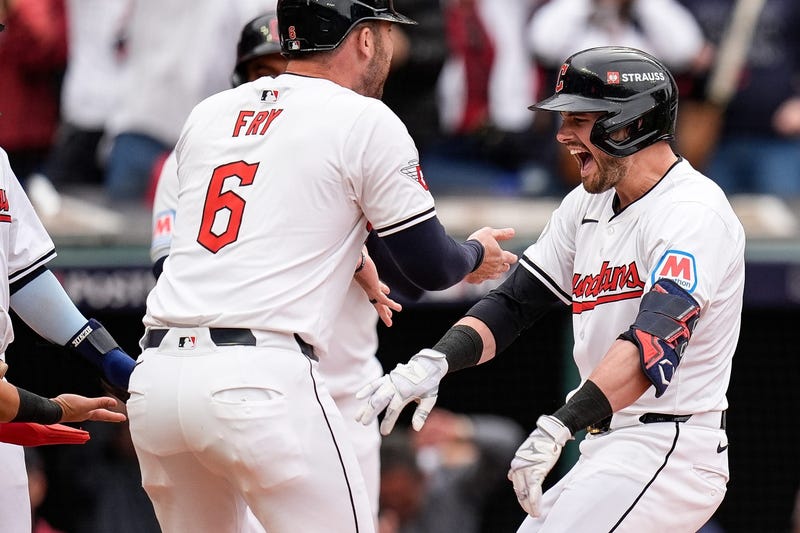 Cleveland Guardians center fielder Lane Thomas (8) celebrates batting a grand slam against Detroit Tigers during the fifth inning at Game 5 of ALDS at Progressive Field in Cleveland, Ohio on Saturday, Oct. 12, 2024.