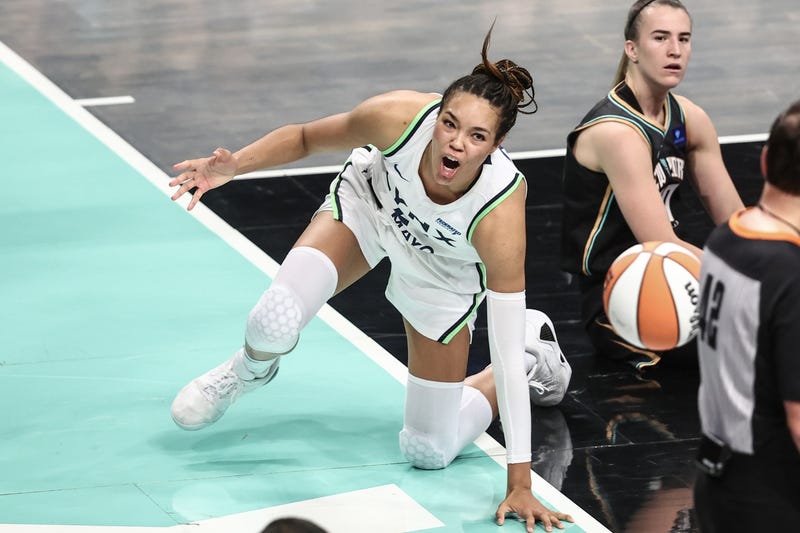 Lynx forward Napheesa Collier (24) reacts after getting called for a turnover in the fourth quarter against the New York Liberty during game two of the 2024 WNBA Finals at Barclays Center.