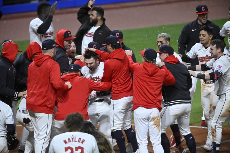 Oct 17, 2024; Cleveland, Ohio, USA; Cleveland Guardians first baseman David Fry (6) celebrates with teammates after hitting a game-winning home run during the tenth inning against the New York Yankees in game 3 of the American League Championship Series at Progressive Field.