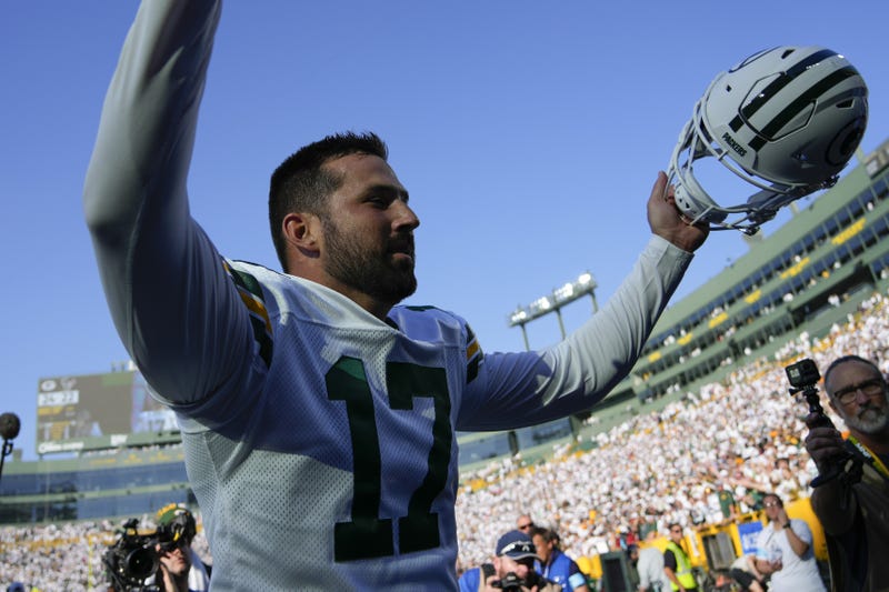 Oct 20, 2024; Green Bay, Wisconsin, USA; Green Bay Packers kicker Brandon McManus (17) celebrates as he runs off the field following the game against the Houston Texans at Lambeau Field.