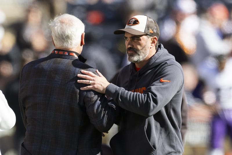 Oct 27, 2024; Cleveland, Ohio, USA; Cleveland Browns head coach Kevin Stefanski shakes hands with managing and principal partner Jimmy Haslam before the game against the Baltimore Ravens at Huntington Bank Field.