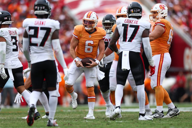 Tampa Bay Buccaneers quarterback Baker Mayfield (6) reacts after a first down against the Atlanta Falcons in the fourth quarter at Raymond James Stadium