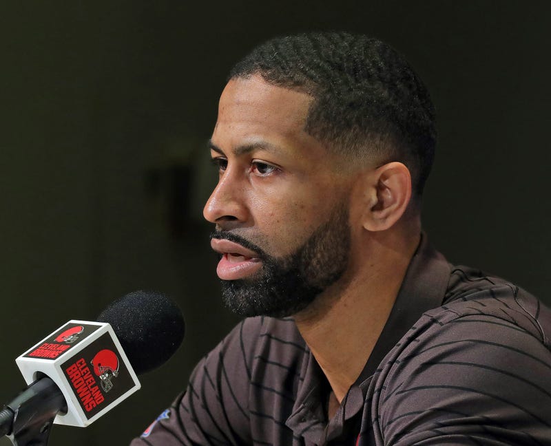 Cleveland Browns general manager Andrew Berry responds to questions during Watson's introductory press conference at the Cleveland Browns Training Facility on March 25, 2022.