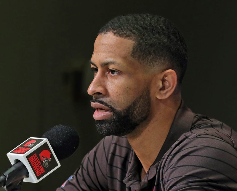 Cleveland Browns general manager Andrew Berry responds to questions during Watson's introductory press conference at the Cleveland Browns Training Facility on March 25, 2022.