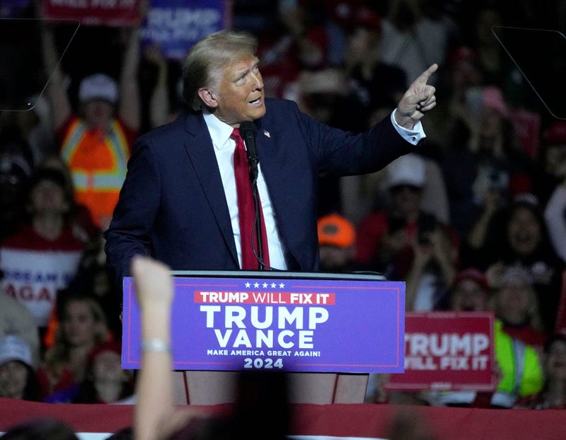 Donald Trump speaks during his political rally at Fiserv Forum in Milwaukee on Friday.