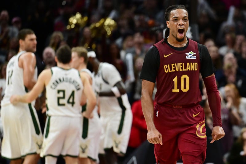 Cleveland Cavaliers guard Darius Garland (10) celebrates during the second half against the Milwaukee Bucks at Rocket Mortgage FieldHouse.