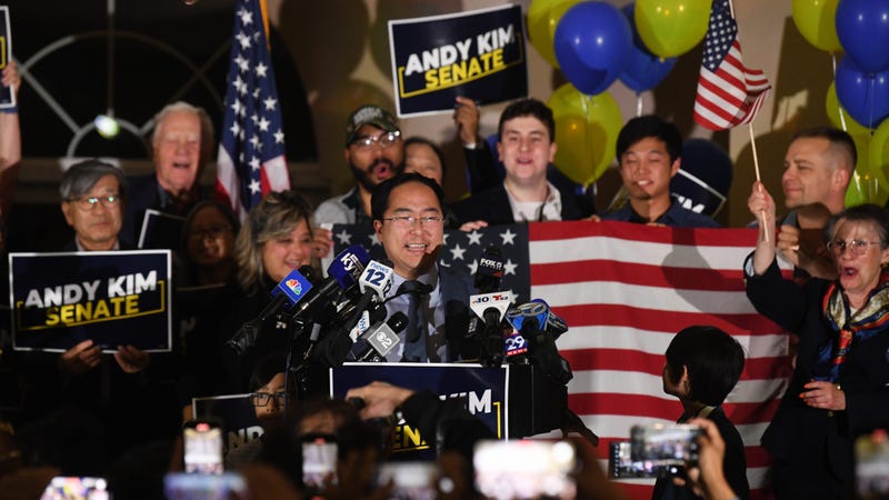 New Jersey U.S. Senate candidate Andy Kim delivers his victory speech at the DoubleTree Hotel in Cherry Hill, NJ on Tuesday, Nov. 5, 2024.