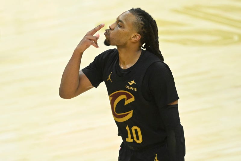 Nov 8, 2024; Cleveland, Ohio, USA; Cleveland Cavaliers guard Darius Garland (10) celebrates a three-point basket in the fourth quarter against the Golden State Warriors at Rocket Mortgage FieldHouse