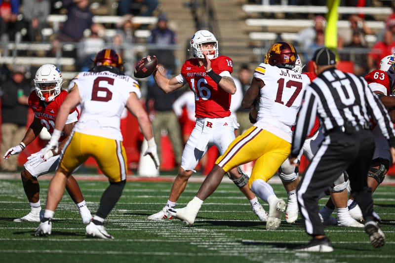 Rutgers Scarlet Knights quarterback Athan Kaliakmanis (16) drops back to pass during the first half against the Minnesota Golden Gophers at SHI Stadium in 2024.