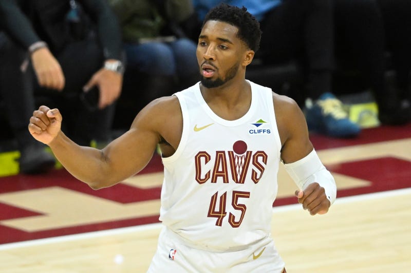 Nov 9, 2024; Cleveland, Ohio, USA; Cleveland Cavaliers guard Donovan Mitchell (45) celebrates in the fourth quarter against the Brooklyn Nets at Rocket Mortgage FieldHouse