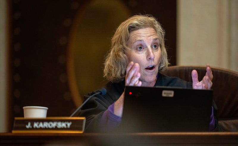 Justice Jill J. Karofsky is shown during oral arguments about an 1849 law outlawing abortion before the state Supreme Court on Nov. 10, 2024, at the Capitol in Madison, Wisconsin.