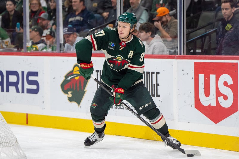 Minnesota Wild left wing Kirill Kaprizov (97) passes to a teammate against the Montreal Canadiens in the third period at Xcel Energy Center. Kaprizov and the Wild won 3-0 to continue their hot start to the season.