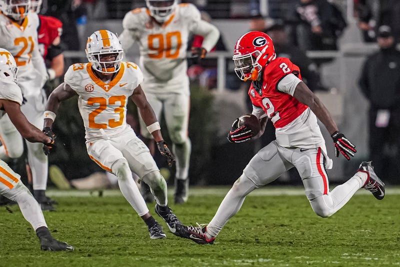 Georgia Bulldogs wide receiver Nitro Tuggle (2) runs after a catch against the Tennessee Volunteers during the second half at Sanford Stadium